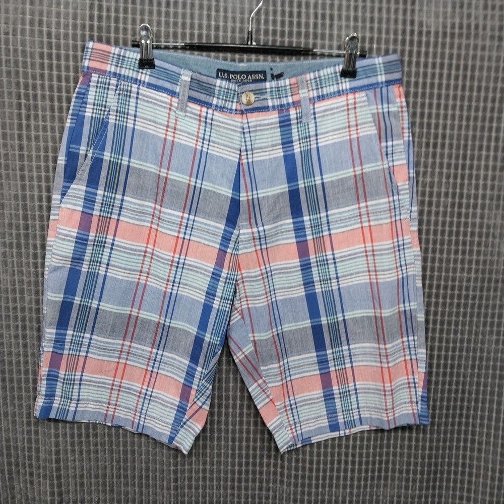 U.S. Polo Assn. Plaid Chino Shorts Mens 100% Cotton 32 Blue Coral 11C375GA